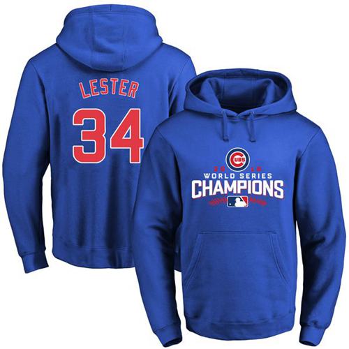 Cubs #34 Jon Lester Blue 2016 World Series Champions Pullover MLB Hoodie - Click Image to Close
